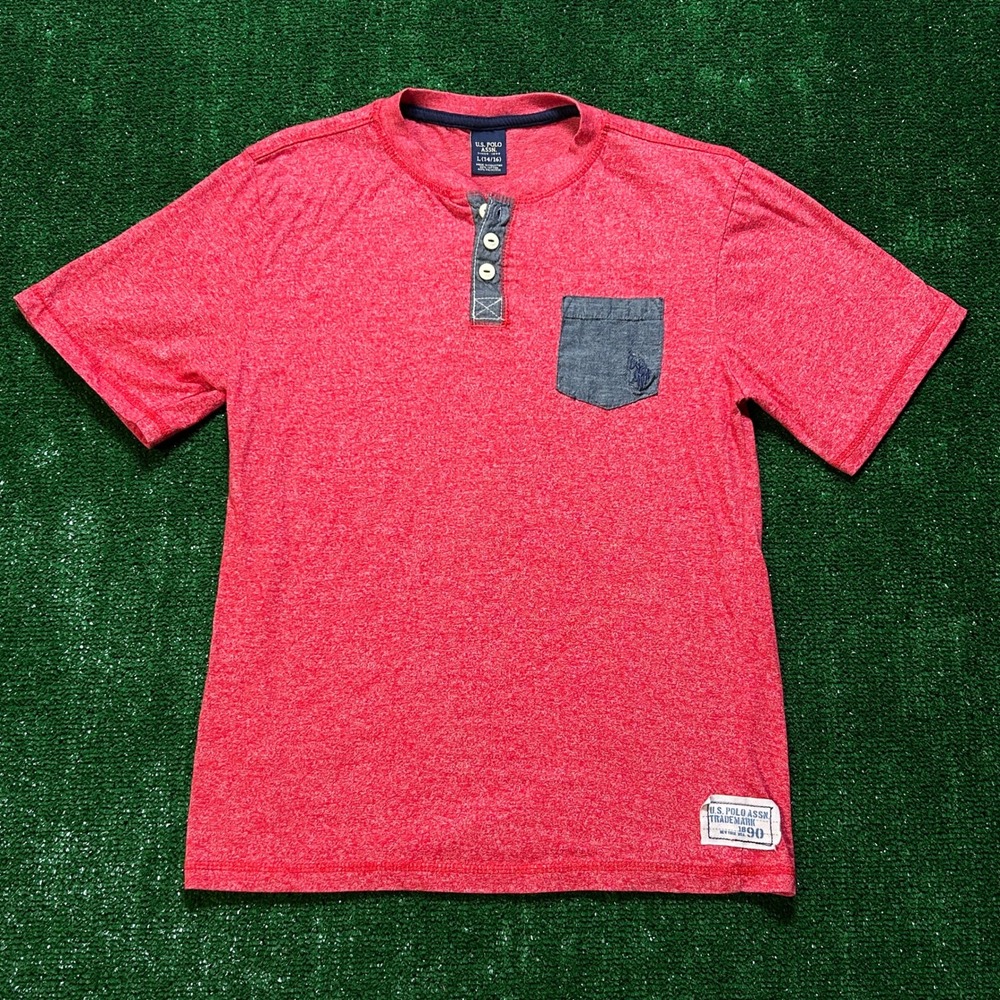 U.S. Polo Assn Henley Shirt Kids Large 14/16‎ Red Heathered Denim Pocket Logo